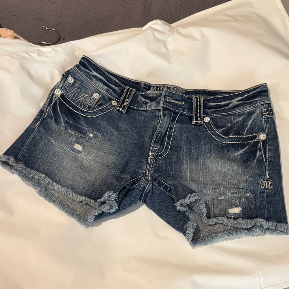 Miss Me Dark Blue Distressed Jean Shorts